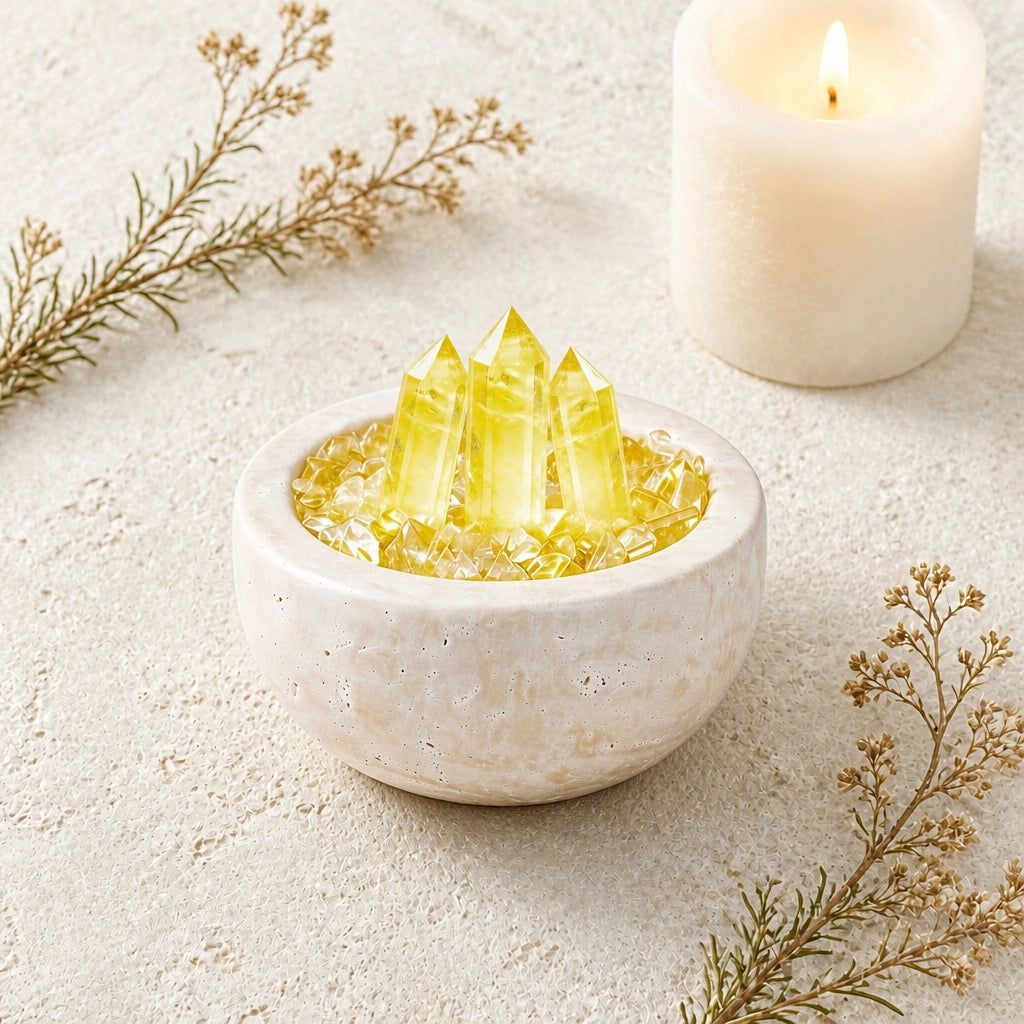 Front view of the citrine array treasure basin altar vessel with natural crystal decor