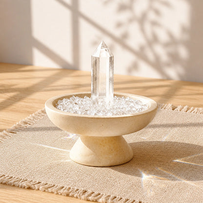Overhead view of clear crystals arranged in the focus vessel with loose crystal stones