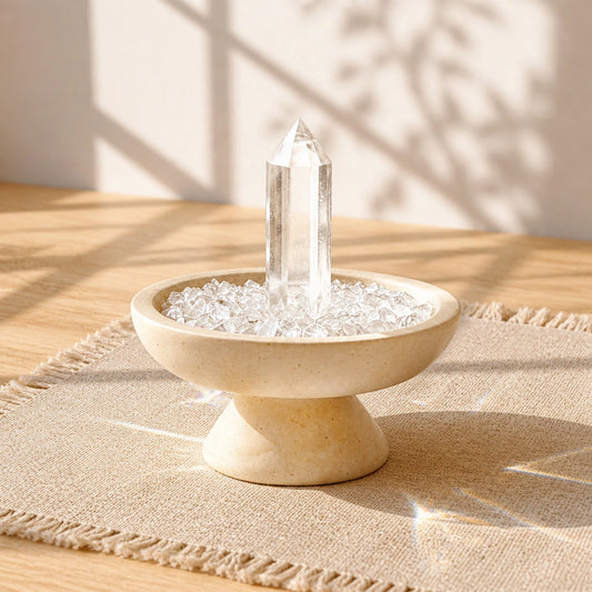 Overhead view of clear crystals arranged in the focus vessel with loose crystal stones