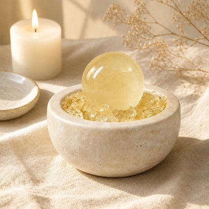 Front view of the citrine radiance treasure basin altar vessel with natural crystal decor