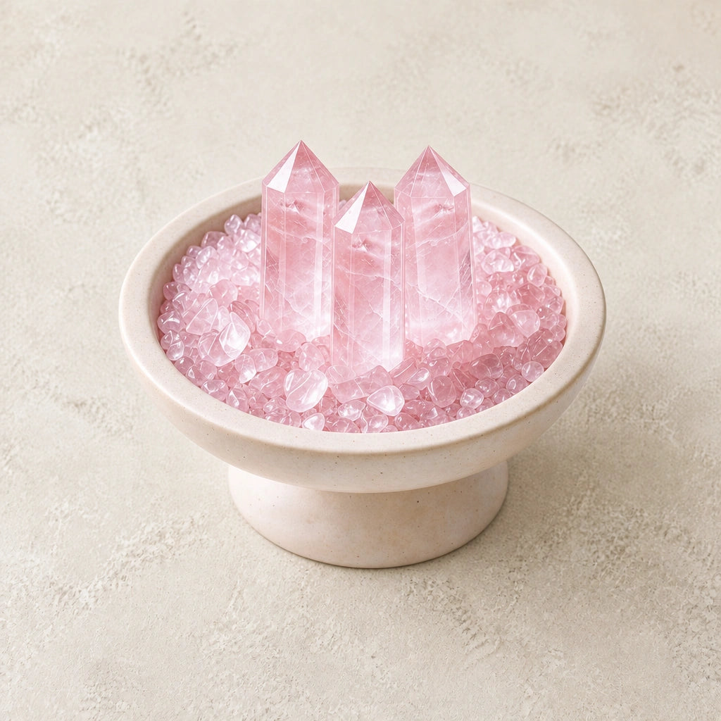 Overhead view of rose quartz crystals arranged in the array vessel with loose crystal stones