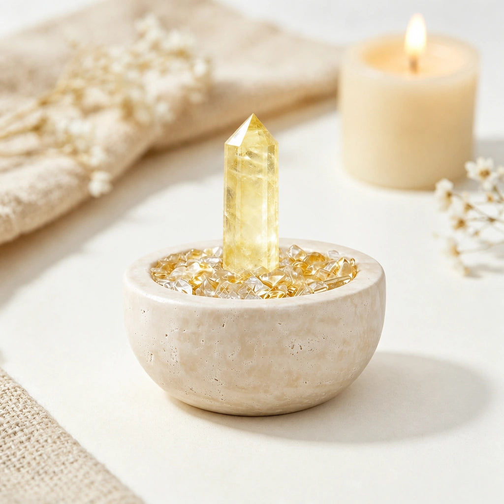 Front view of the citrine focus treasure basin altar vessel with natural crystal decor