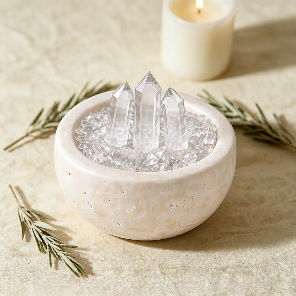 Front view of the clear array treasure basin altar vessel with natural crystal decor