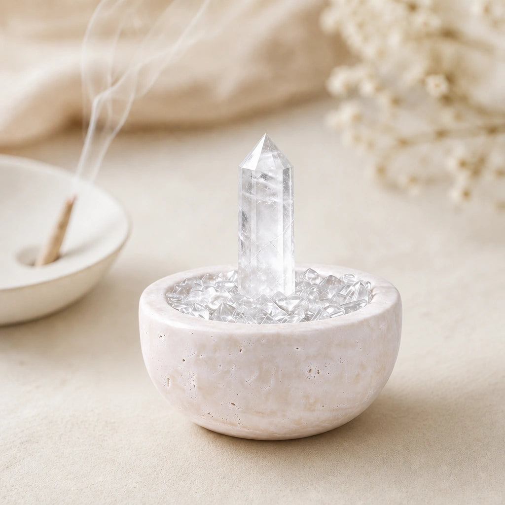 Front view of the clear focus treasure basin altar vessel with natural crystal decor