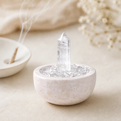 Front view of the clear focus treasure basin altar vessel with natural crystal decor