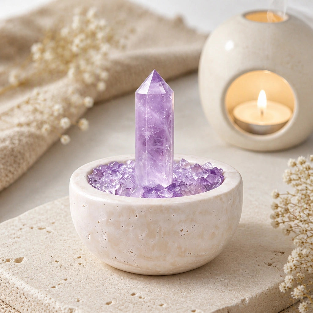 Front view of the amethyst focus treasure basin altar vessel with natural crystal decor