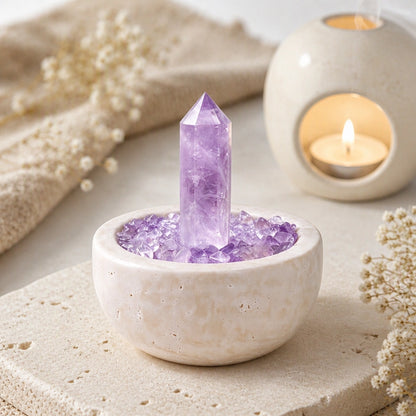 Front view of the amethyst focus treasure basin altar vessel with natural crystal decor