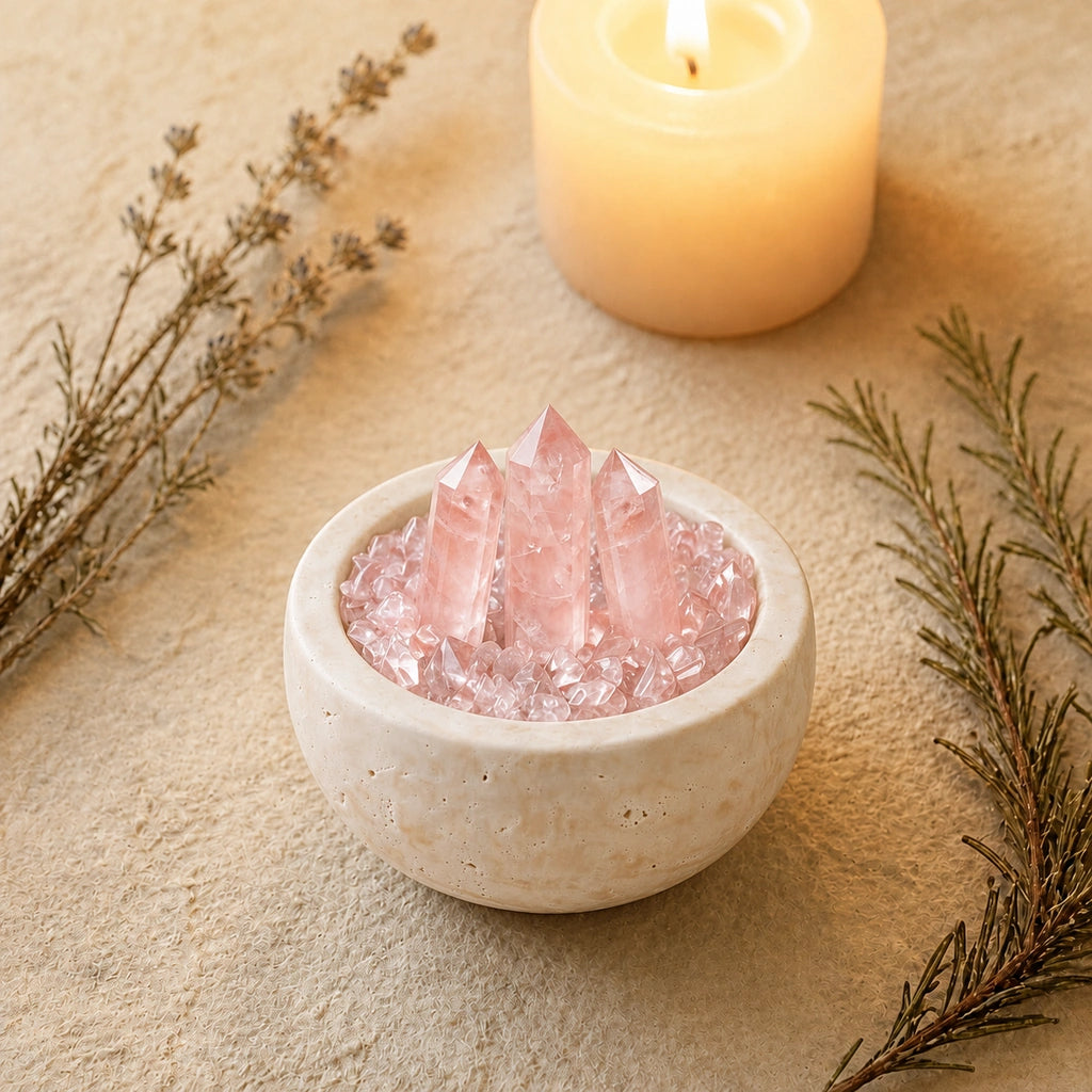 Front view of the rose array treasure basin altar vessel with natural crystal decor