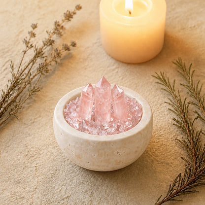 Front view of the rose array treasure basin altar vessel with natural crystal decor