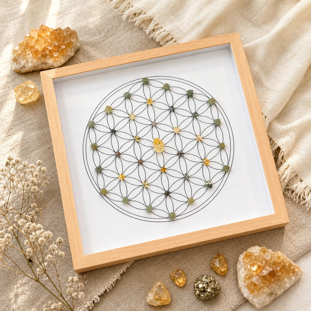 Front view of the abundance grid with natural crystals arranged in a geometric grid
