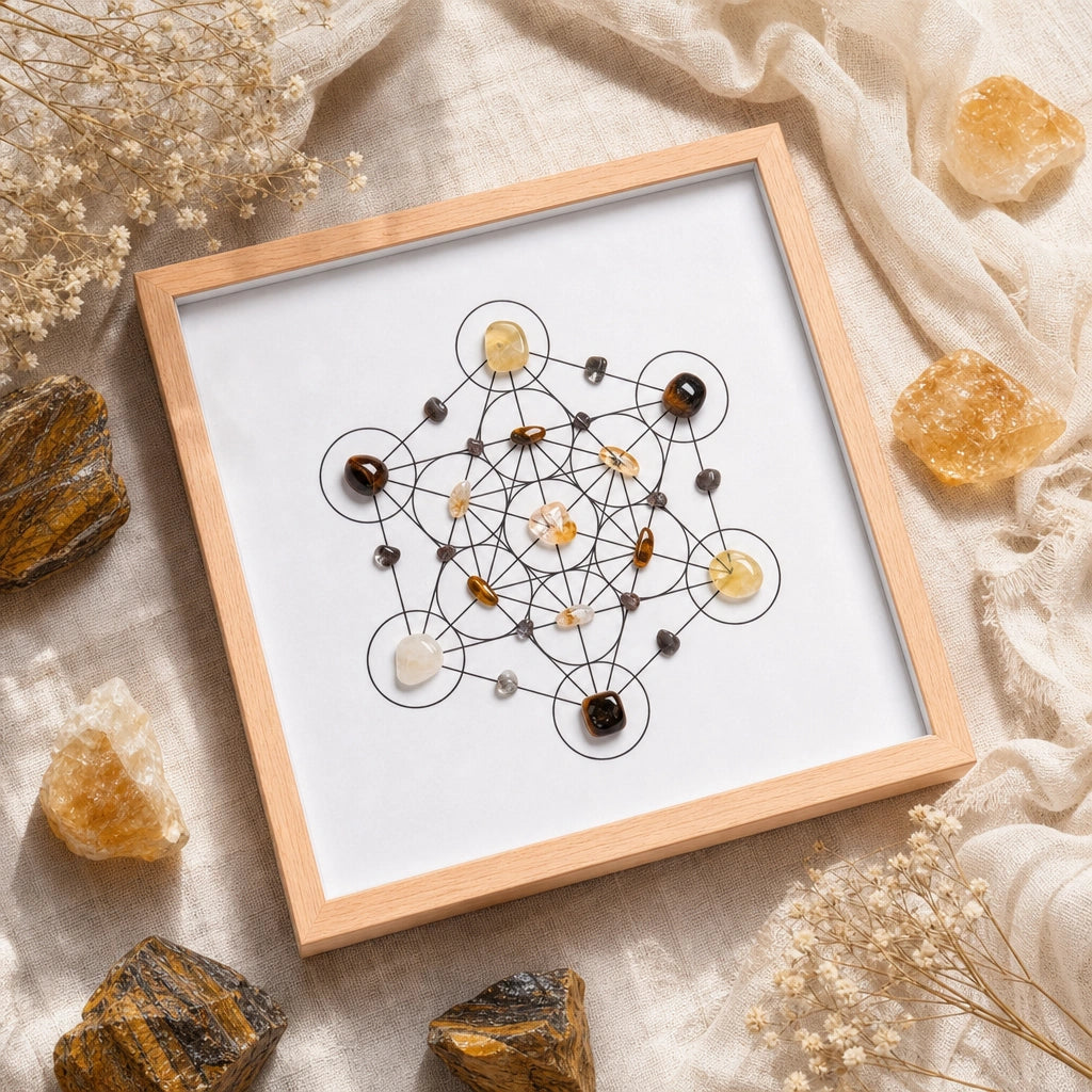 Front view of the thrive grid with natural crystals arranged in a geometric grid