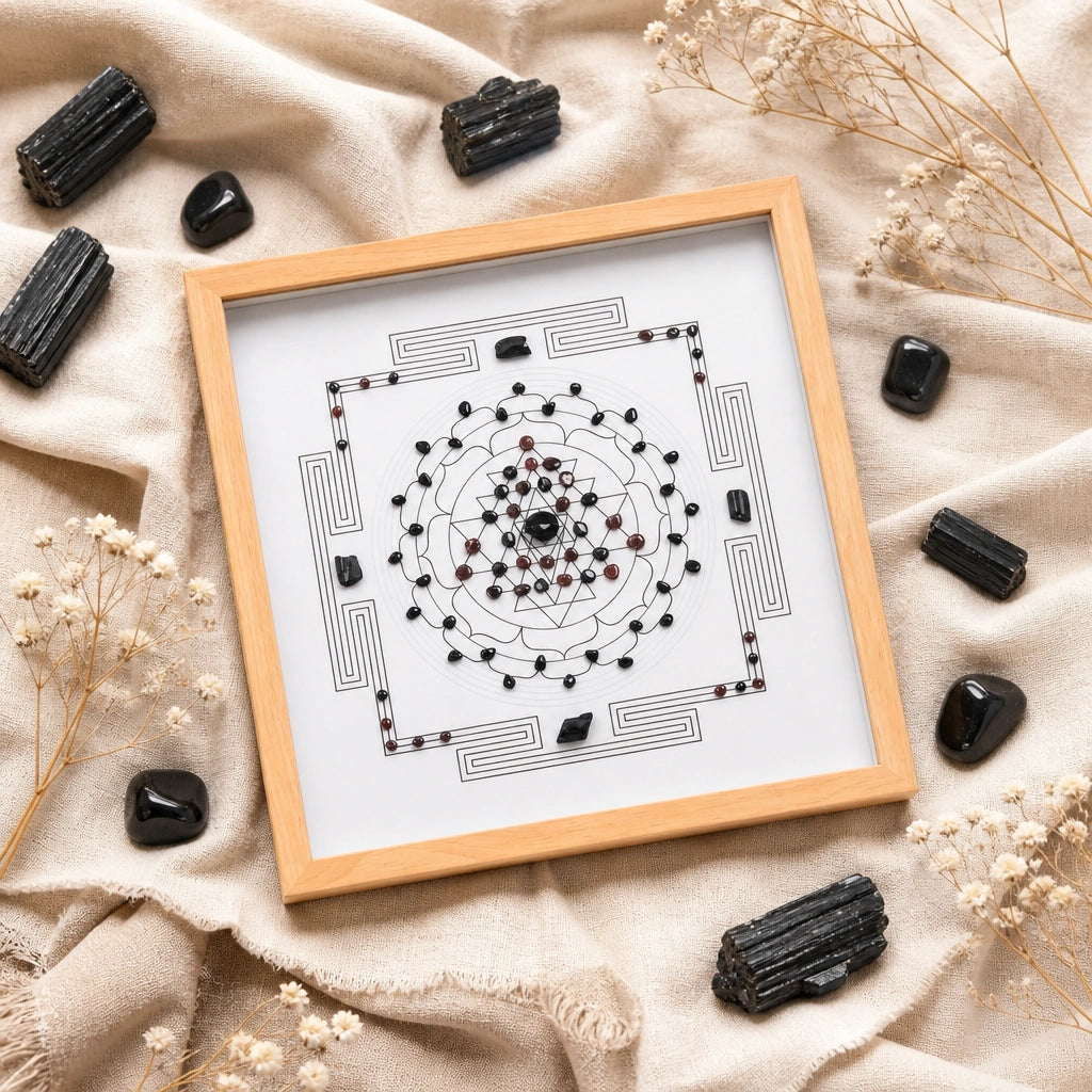 Front view of the shield grid with natural crystals arranged in a geometric grid