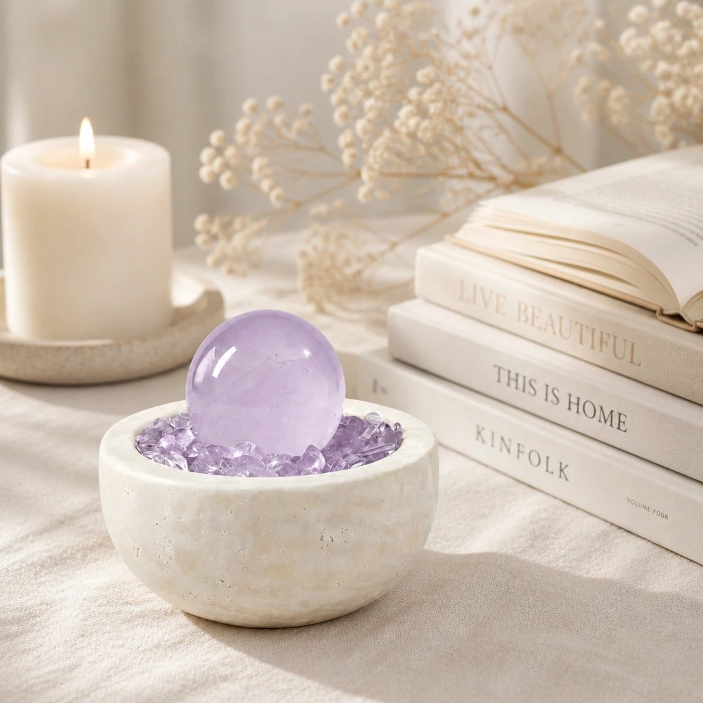 Front view of the amethyst radiance treasure basin altar vessel with natural crystal decor