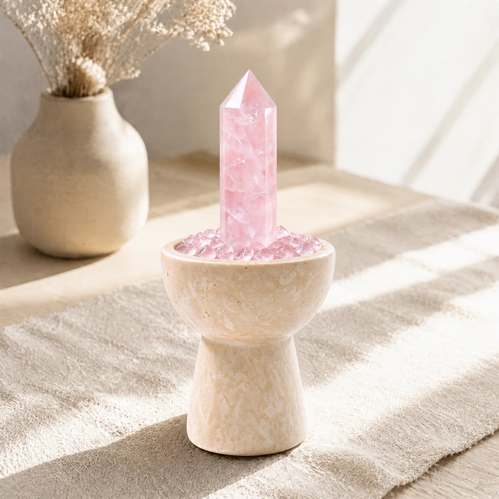Overhead view of rose quartz crystals and loose crystal stones arranged in the vessel