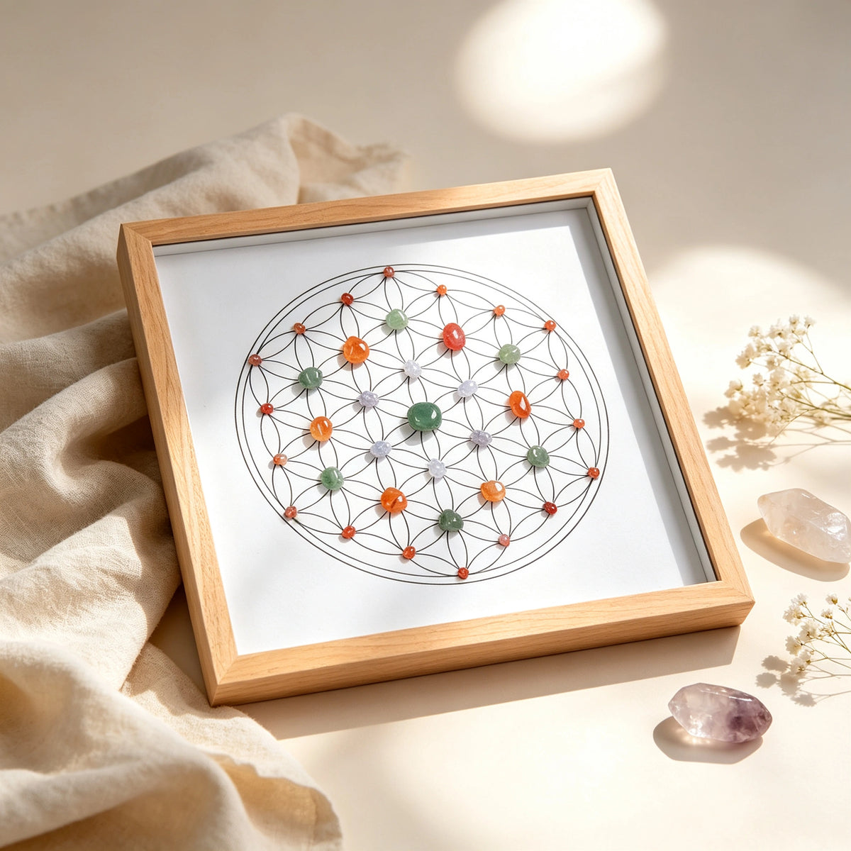 Front view of the wellness grid with natural crystals arranged in a geometric grid