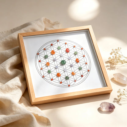 Front view of the wellness grid with natural crystals arranged in a geometric grid