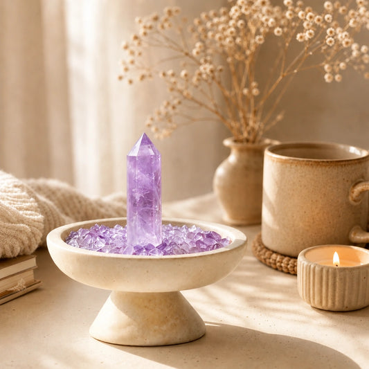 Overhead view of amethyst crystals arranged in the focus vessel with loose crystal stones