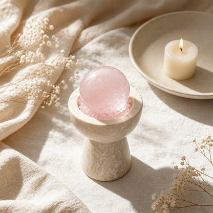 Overhead view of rose quartz crystals and loose crystal stones arranged in the vessel