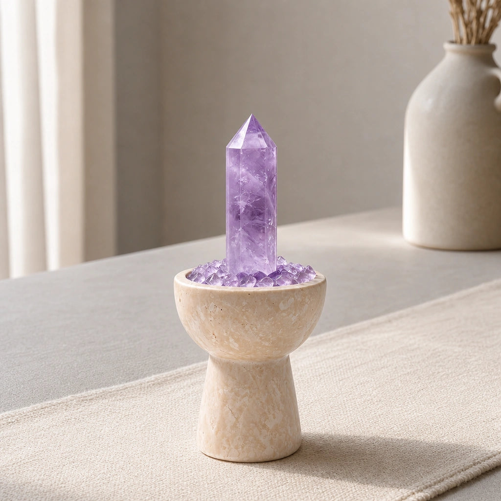 Overhead view of amethyst crystals and loose crystal stones arranged in the vessel