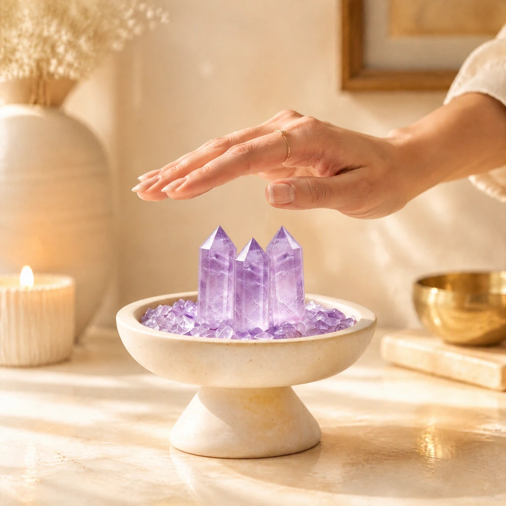 Amethyst crystal altar decor with a travertine array plinth vessel