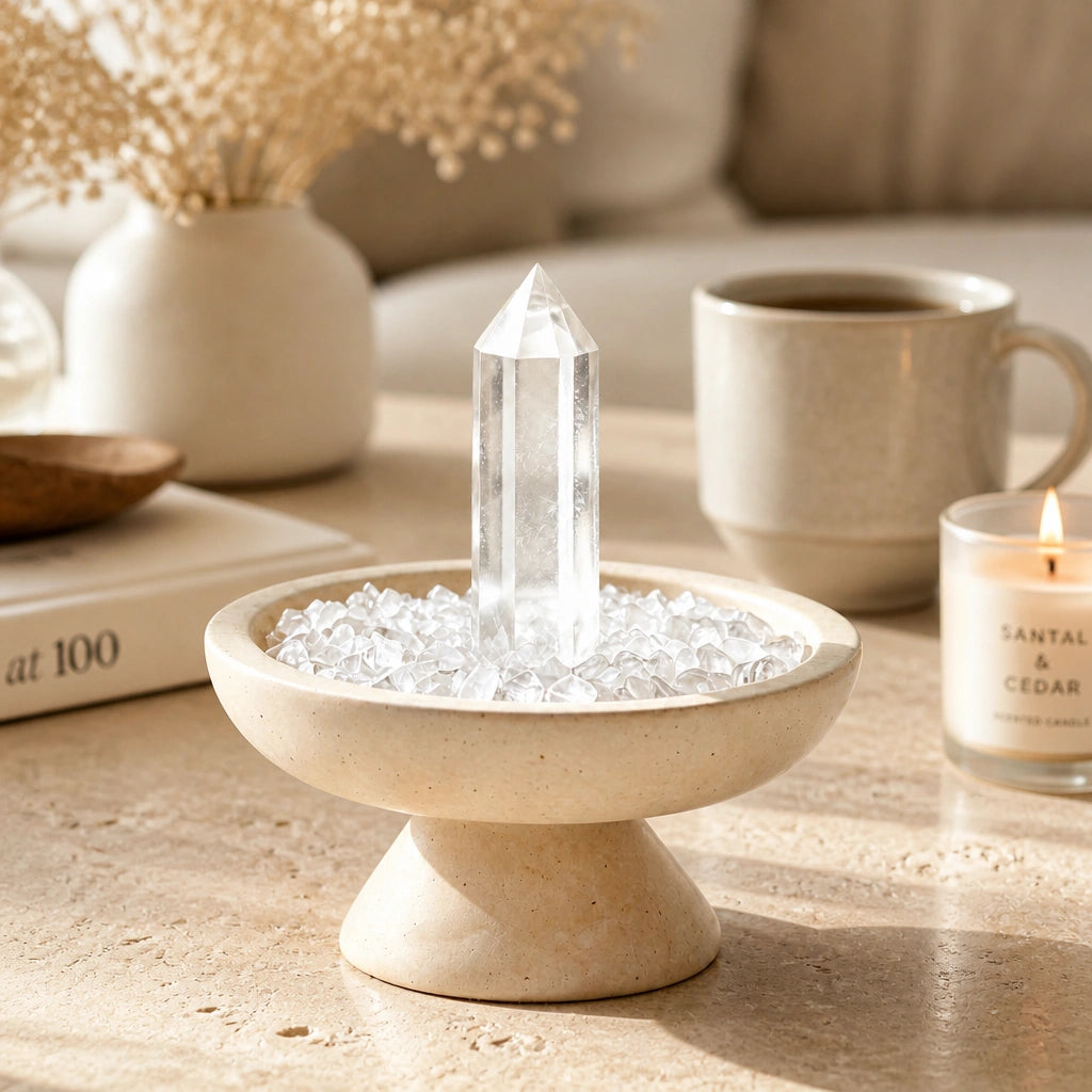 Clear crystal altar decor with a travertine focus plinth vessel