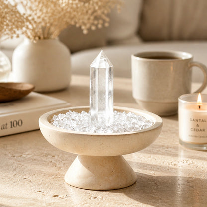 Clear crystal altar decor with a travertine focus plinth vessel