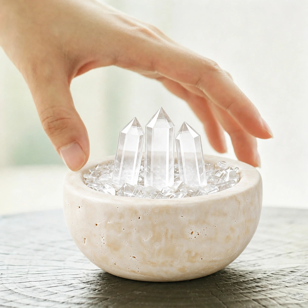 Clear Array Treasure Basin crystal altar decor for intentional spaces and spiritual practice