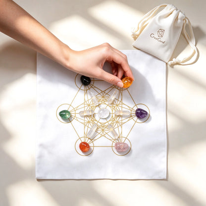 Hand placing an amber chakra stone on the gold Metatron grid cloth, CrystGrid pouch in the corner