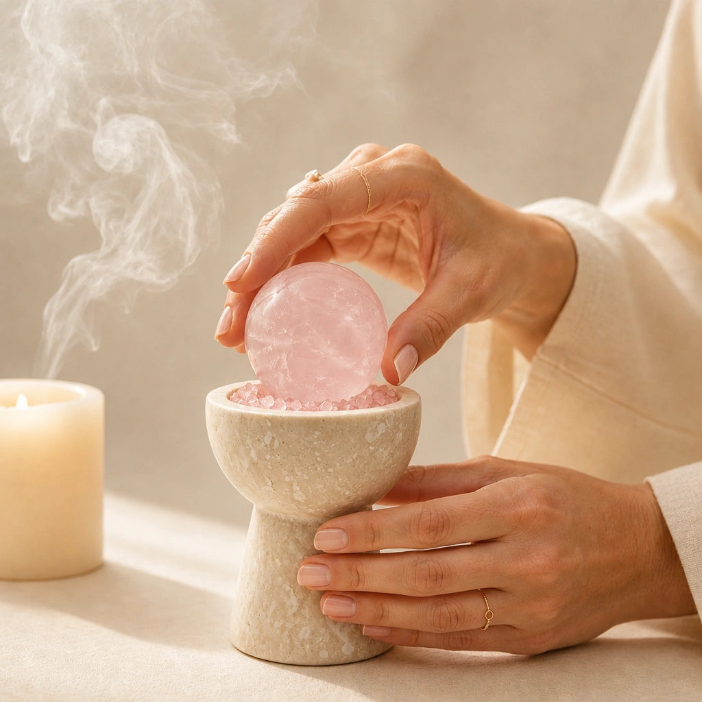 Rose Quartz crystal altar decor with a travertine sphere chalice vessel