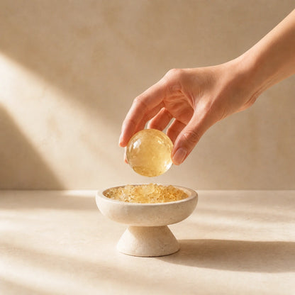 Citrine crystal altar decor with a travertine radiance plinth vessel