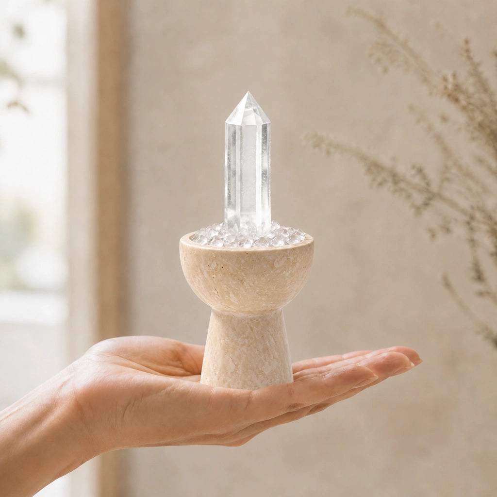 White crystal altar decor with a travertine chalice vessel