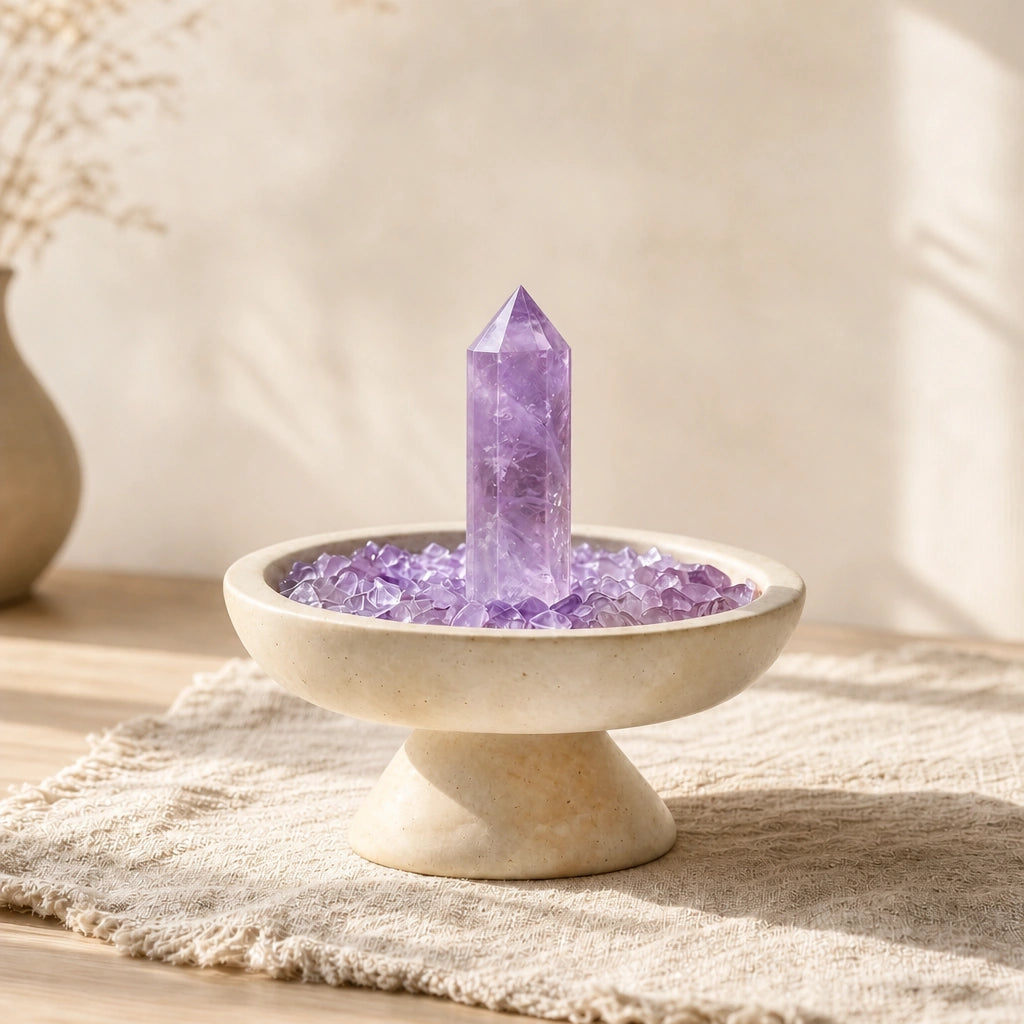 Amethyst crystal altar decor with a travertine focus plinth vessel