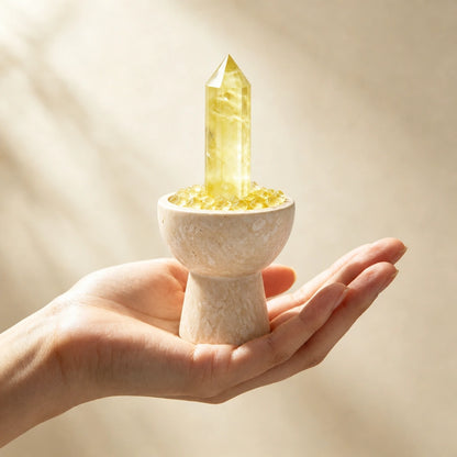 Citrine crystal altar decor with a travertine chalice vessel