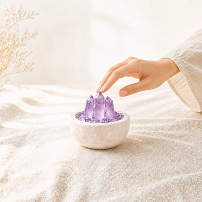 Amethyst Array Treasure Basin crystal altar decor for intentional spaces and spiritual practice