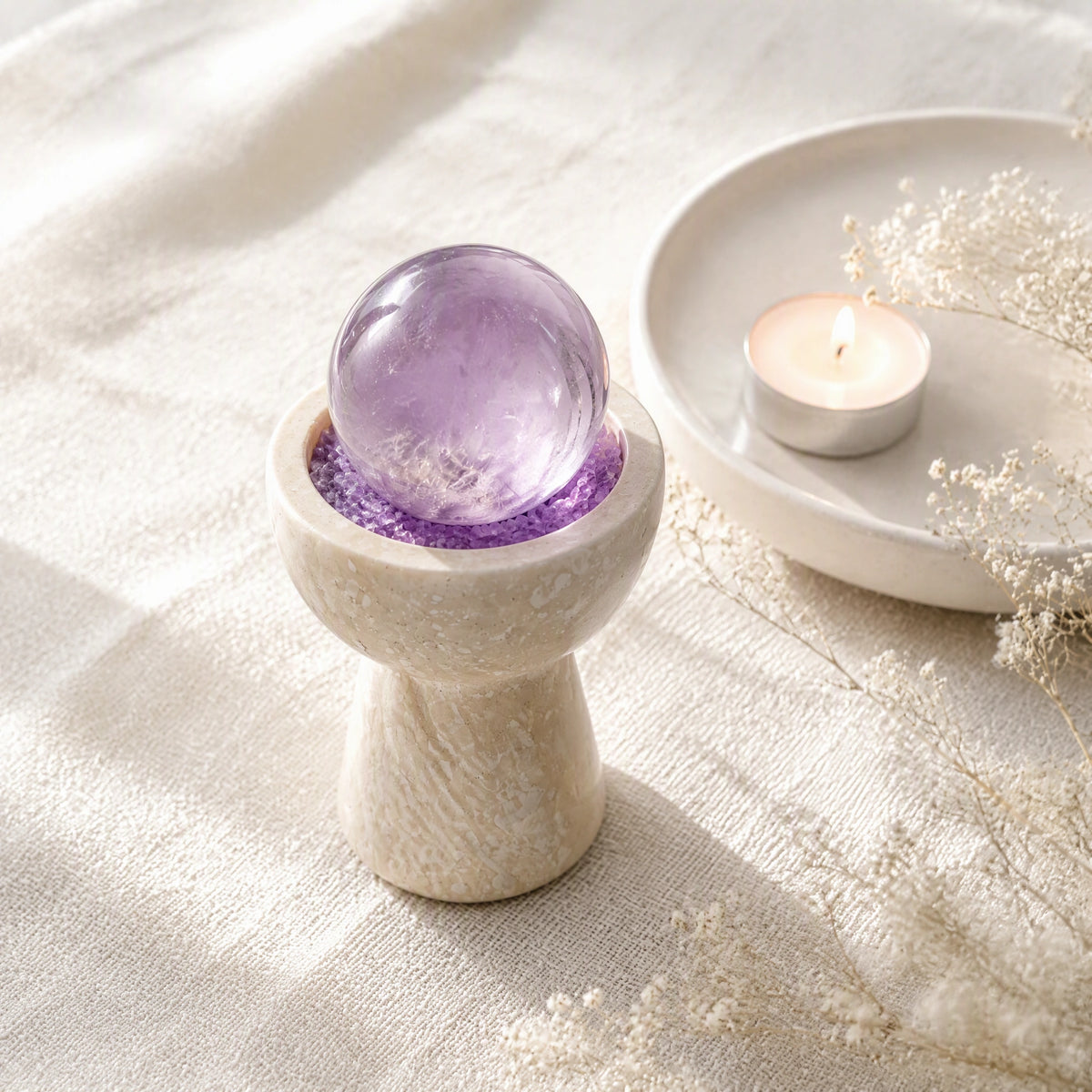 Amethyst crystal altar decor with a travertine sphere chalice vessel