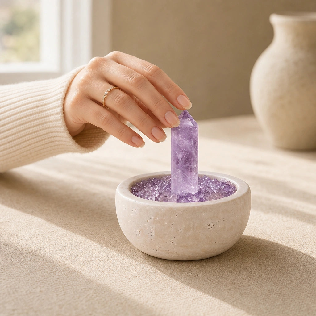 Amethyst Focus Treasure Basin crystal altar decor for intentional spaces and spiritual practice