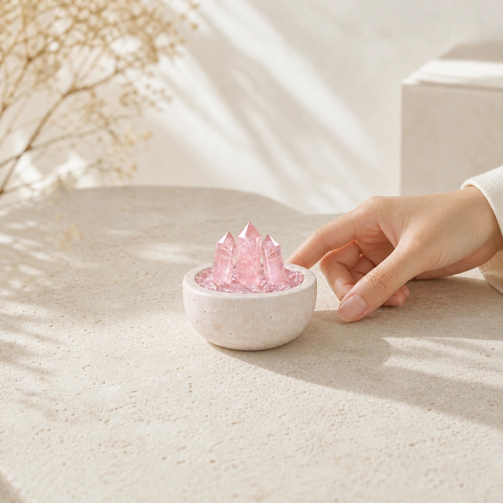 Rose Array Treasure Basin crystal altar decor for intentional spaces and spiritual practice