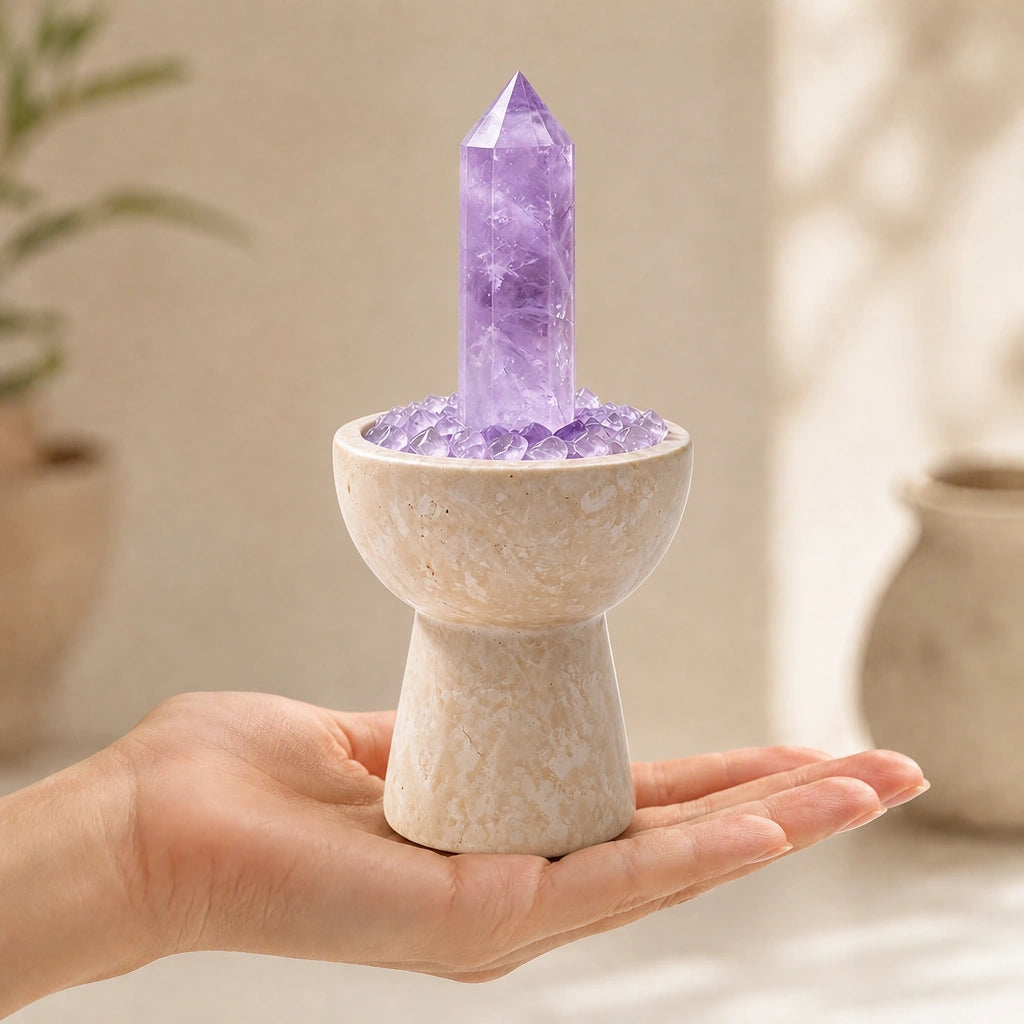 Amethyst crystal altar decor with a travertine chalice vessel