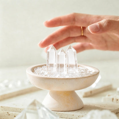 White crystal grid decor set with three crystal points and travertine stone vessel