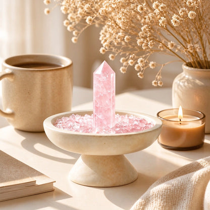 Rose crystal altar decor with a travertine focus plinth vessel